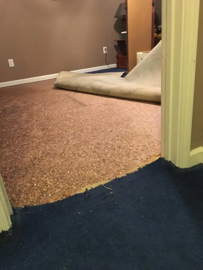 Carpet pad removal revealing water damage during Drying & Dehumidification in Hillcrest